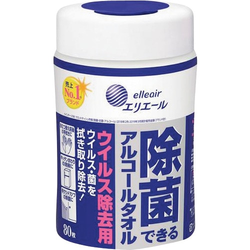 トラスコ中山 エリエール 除菌できるアルコールタオル ウイルス除去用 本体 80枚(ご注文単位1ケース)【直送品】