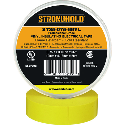 トラスコ中山 ストロングホールド StrongHoldビニールテープ 耐熱・耐寒・難燃 プロ仕様グレード 黄 幅19.1mm 長さ20m ST35-075-66YL(ご注文単位1巻)【直送品】
