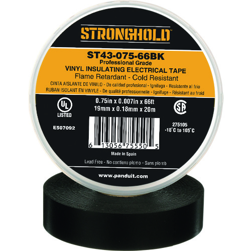 トラスコ中山 ストロングホールド StrongHoldビニールテープ 耐熱・耐寒・難燃 プロ仕様グレード 黒 幅19.1mm 長さ20m ST43-075-66BK(ご注文単位1巻)【直送品】