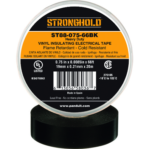 トラスコ中山 ストロングホールド StrongHoldビニールテープ 耐熱・耐寒・難燃 ヘビーデューティーグレード 黒 幅19.1mm 長さ20m ST88-075-66BL(ご注文単位1巻)【直送品】