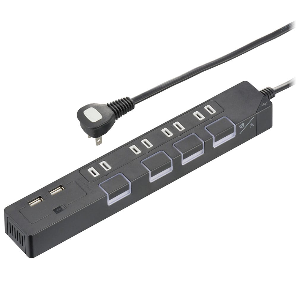 オーム電機 HS-TPKU42K-22 00-1669 節電タップ光る押しボタンスイッチ雷ガード4個口 USBポート付き 2mブラック(ご注文単位1袋)【直送品】