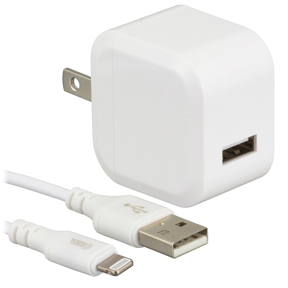 オーム電機 MIP-AU12W-W 01-7117 AudioCommAC充電器 ライトニングケーブル着脱型 2.4A 1.0m(ご注文単位1袋)【直送品】