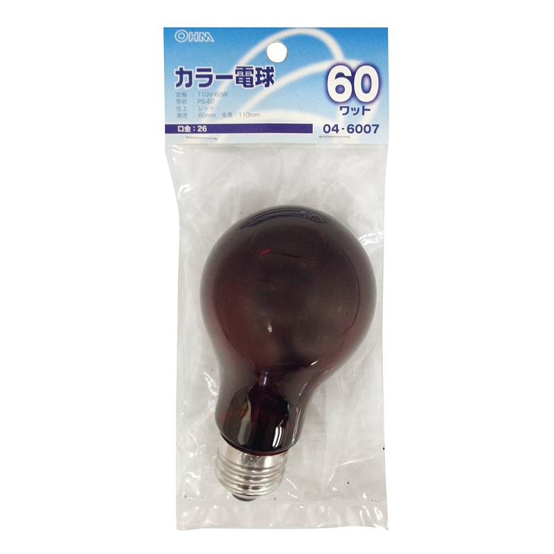オーム電機 LB-PS6660-CR 04-6007 白熱カラー電球 E26 60W レッド（ご注文単位1袋）【直送品】