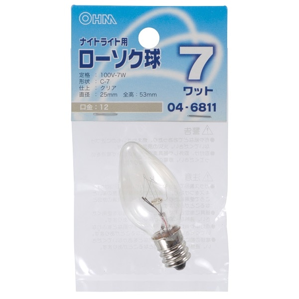 オーム電機 LB-C7207-C 04-6811 ローソク球 ナイトライト用 7W E12 クリア（ご注文単位1袋）【直送品】