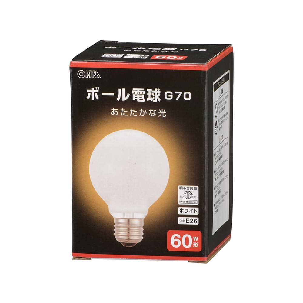 オーム電機 LB-G7660K-WN 06-0870 ボール電球 E26 60W形 G70 ホワイト（ご注文単位1袋）【直送品】