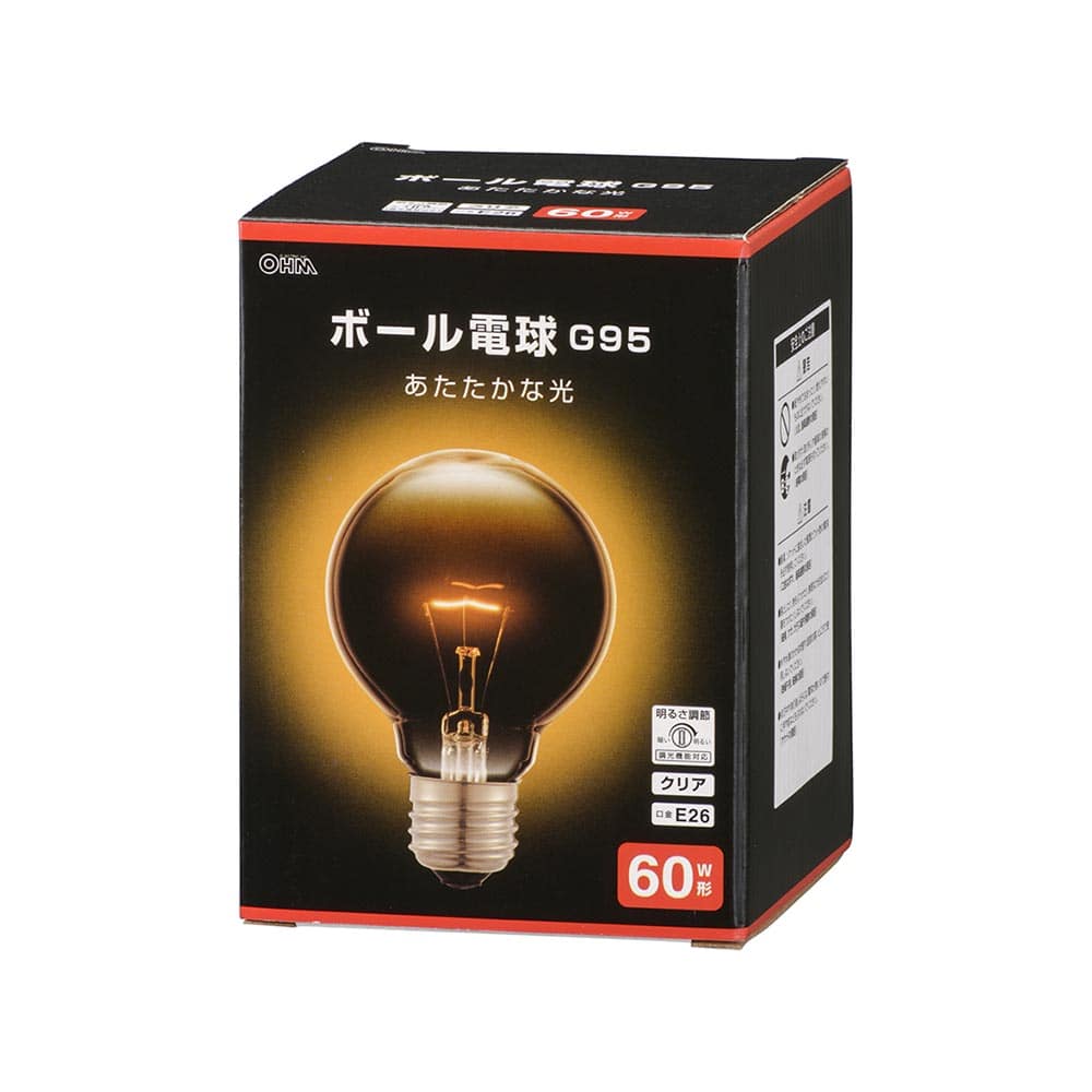 オーム電機 LB-G9657K-CN 06-0873 ボール電球 E26 60W形 G95 クリア（ご注文単位1袋）【直送品】