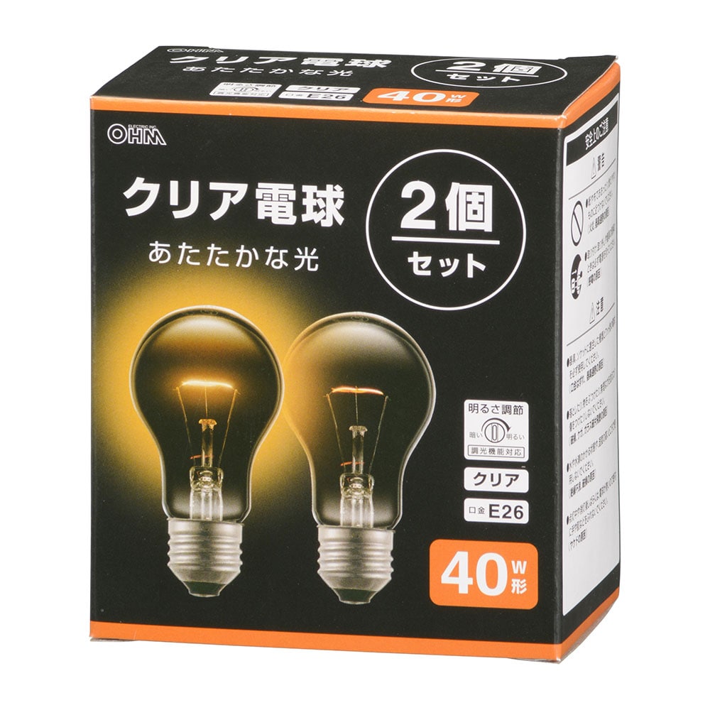 オーム電機 LB-D5640C-2PN 06-4739 白熱電球 E26 40W形 クリア 2個セット(ご注文単位1袋)【直送品】