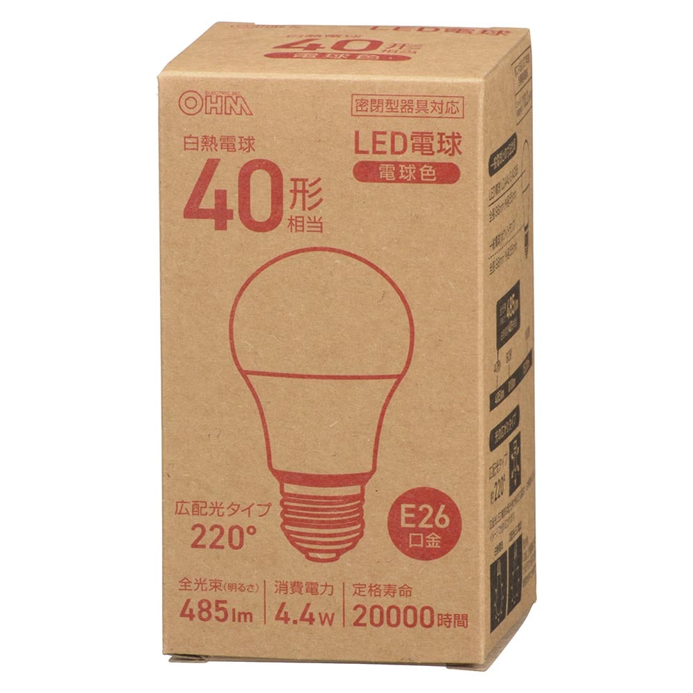 オーム電機 LED電球 E26 40形相当 電球色 1個（ご注文単位1個）【直送品】
