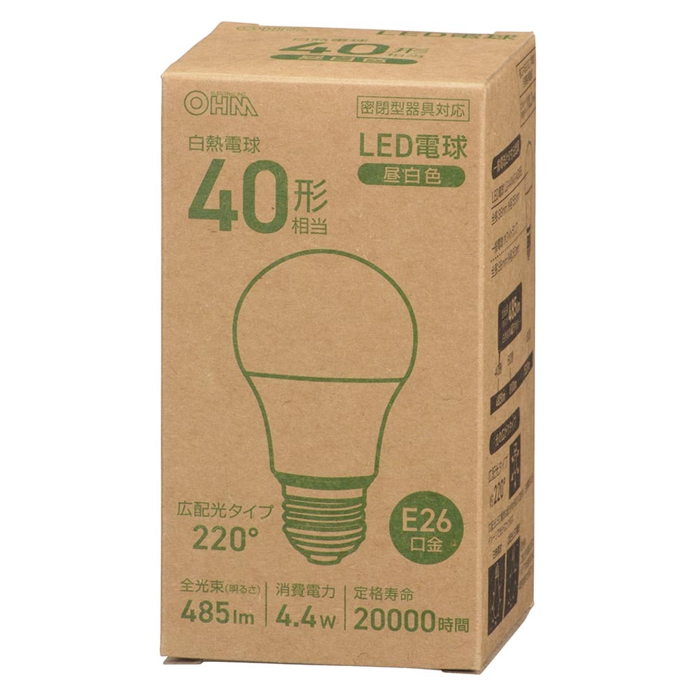 オーム電機 LED電球 E26 40形相当 昼白色 1個（ご注文単位1個）【直送品】