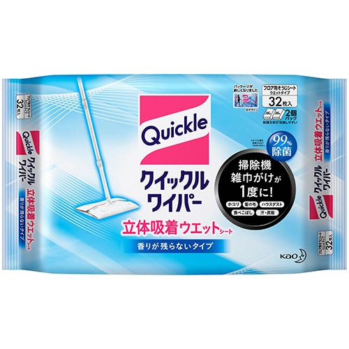 花王 クイックルワイパー 立体吸着ウエットシート 香りが残らないタイプ 32枚/袋(ご注文単位1袋)【直送品】