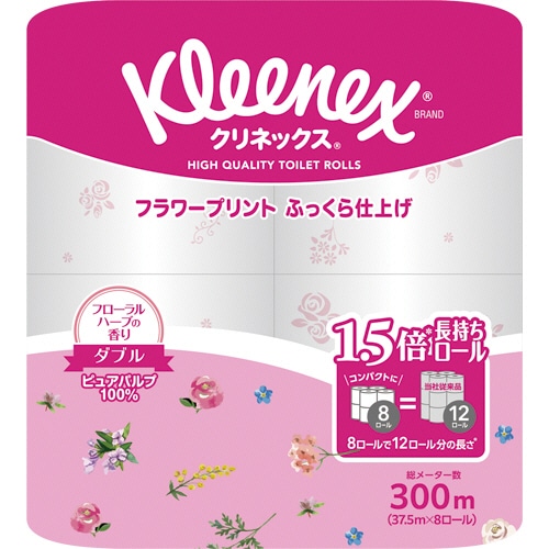 日本製紙クレシア クリネックス コンパクト フラワープリント ダブル 芯あり 37.5m 香り付き 8ロール/袋(ご注文単位1袋)【直送品】
