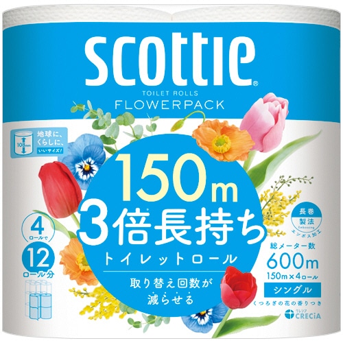 日本製紙クレシア スコッティ フラワーパック 3倍長持ち シングル 芯あり 150m 香り付き 4ロール/袋(ご注文単位1袋)【直送品】