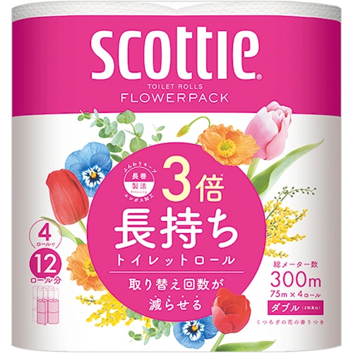 日本製紙クレシア スコッティ フラワーパック 3倍長持ち ダブル 芯あり 75m 香り付き 48ロール/箱(ご注文単位1箱)【直送品】