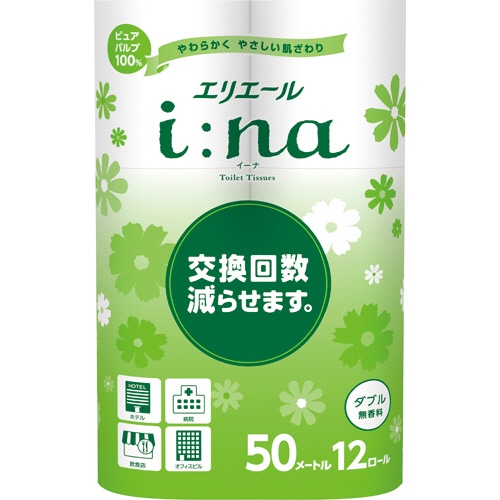 大王製紙 エリエール i:na(イーナ)トイレットティシュー ダブル 芯あり 50m 無香料 1パック(12ロール)(ご注文単位1パック)【直送品】