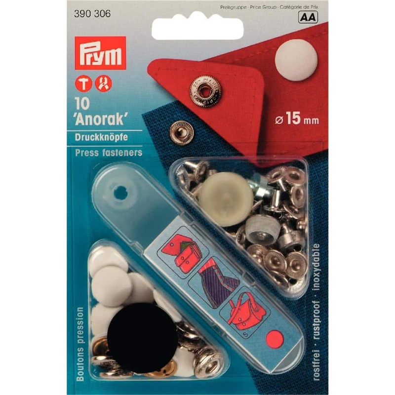 日本紐釦貿易 プリム(Prym) スナップボタン Anorak キット付 φ15mm 10組入 ホワイト 390306 （ご注文単位1個）【直送品】