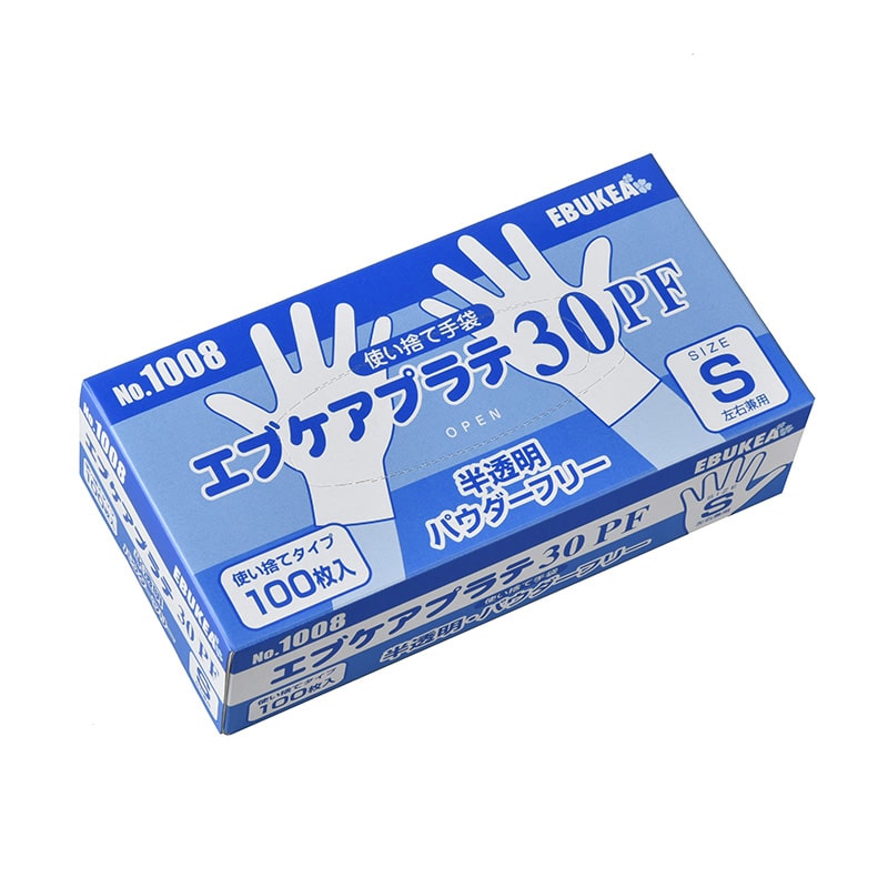 エブノ PVC手袋 エブケア プラテ30 箱入 S 1008 半透明 100枚/箱(ご注文単位30箱)【直送品】