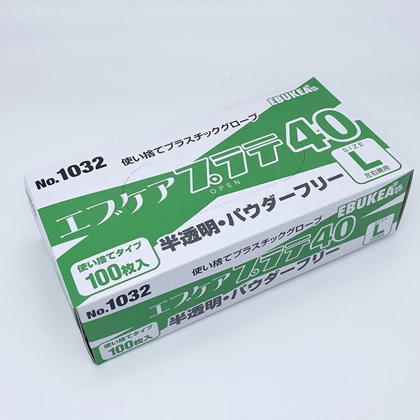 エブノ PVC手袋 エブケアプラテ40 No.1032 半透明 パウダーフリー L 139274 100枚/箱