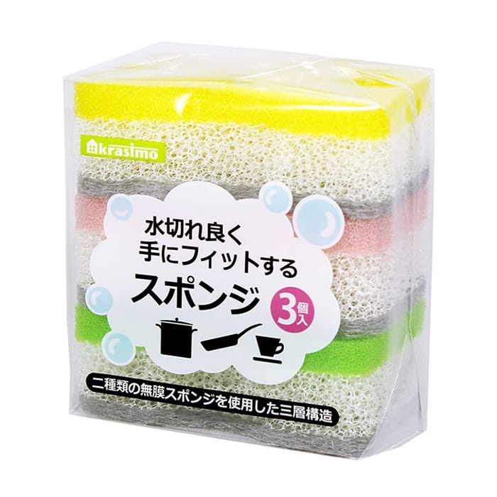 ジャパンプレミアム 水切れ良く手にフィットするスポンジ 3個入 91216609 1袋（ご注文単位10袋）【直送品】