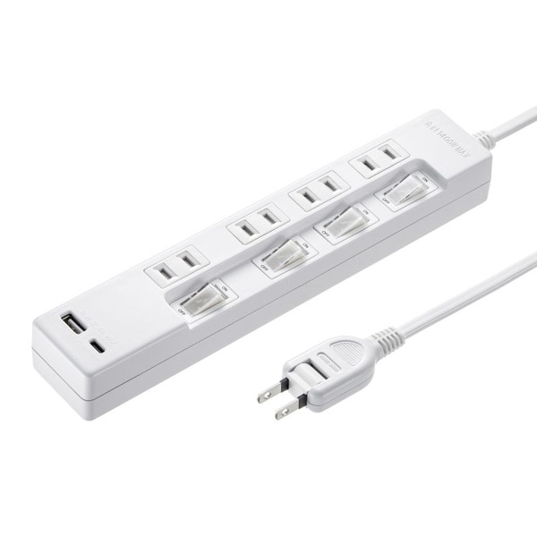 サンワサプライ USB充電機能付きタップ Type-C搭載 2P 4個口 2m TAP-B102UC-2W 1個（ご注文単位1個）【直送品】