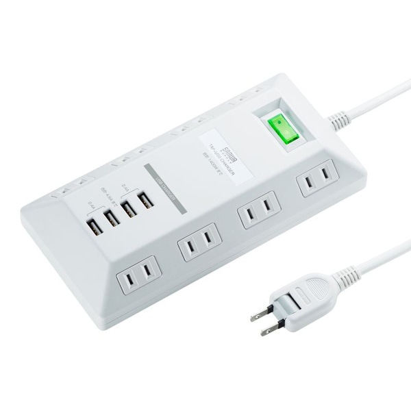 サンワサプライ 平型電源タップ USB充電機能付き 2P 8個口 3m ホワイト TAP-B109U-3WN 1個(ご注文単位1個)【直送品】